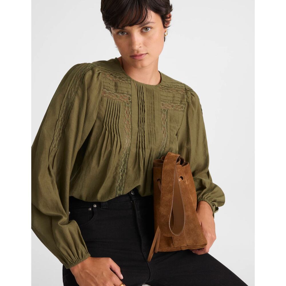 Madewell | NWT  Lace-Insert Pintucked Long-Sleeve Top Faded Ivy | Sz XXS